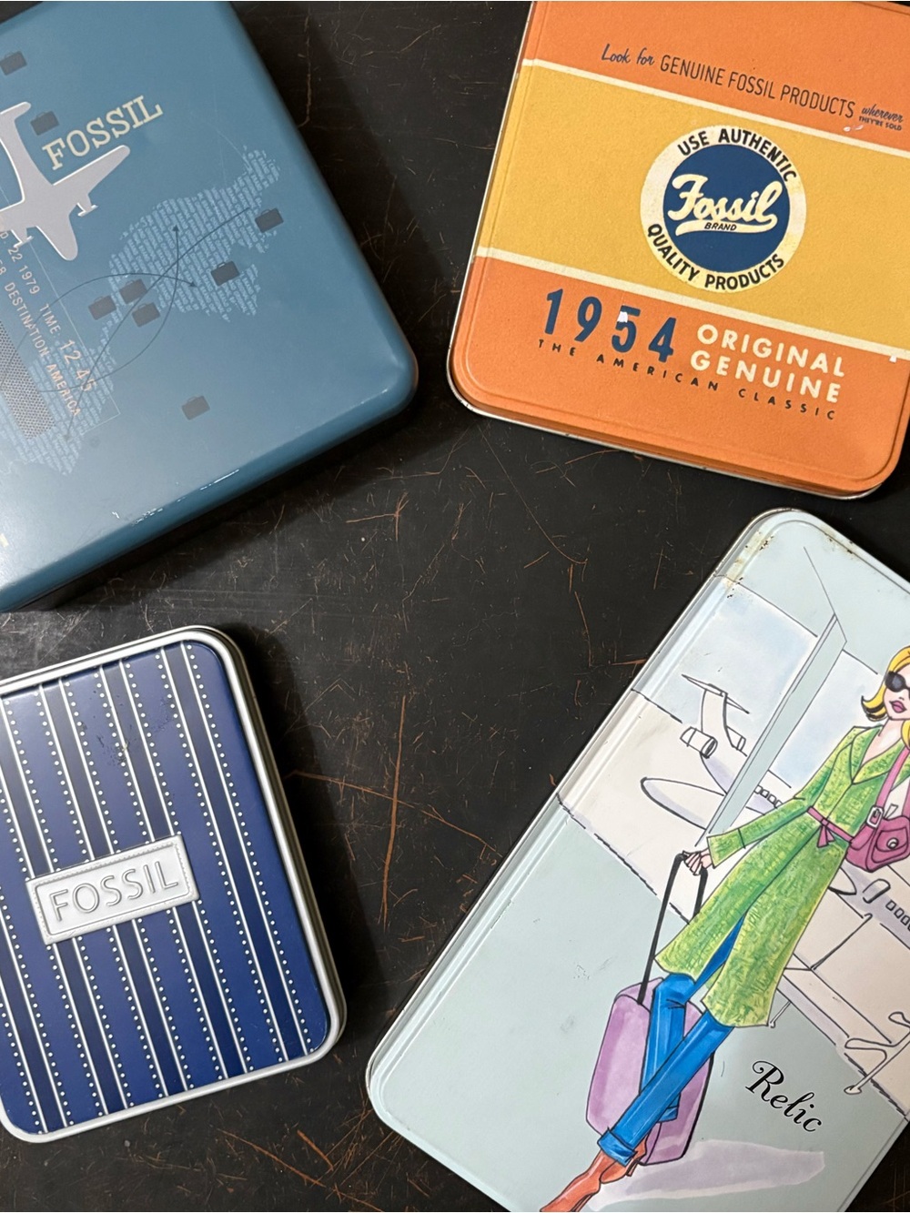 Fossil Tin Collection in Teal, Orange, Navy & Light Blue